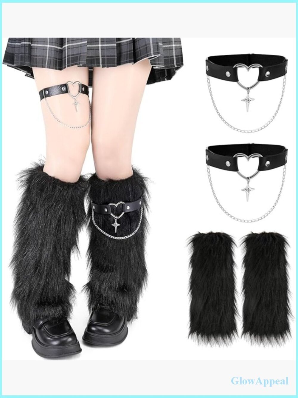 Faux Fur Fuzzy Leg Warmers with Leather Chain Boot Covers